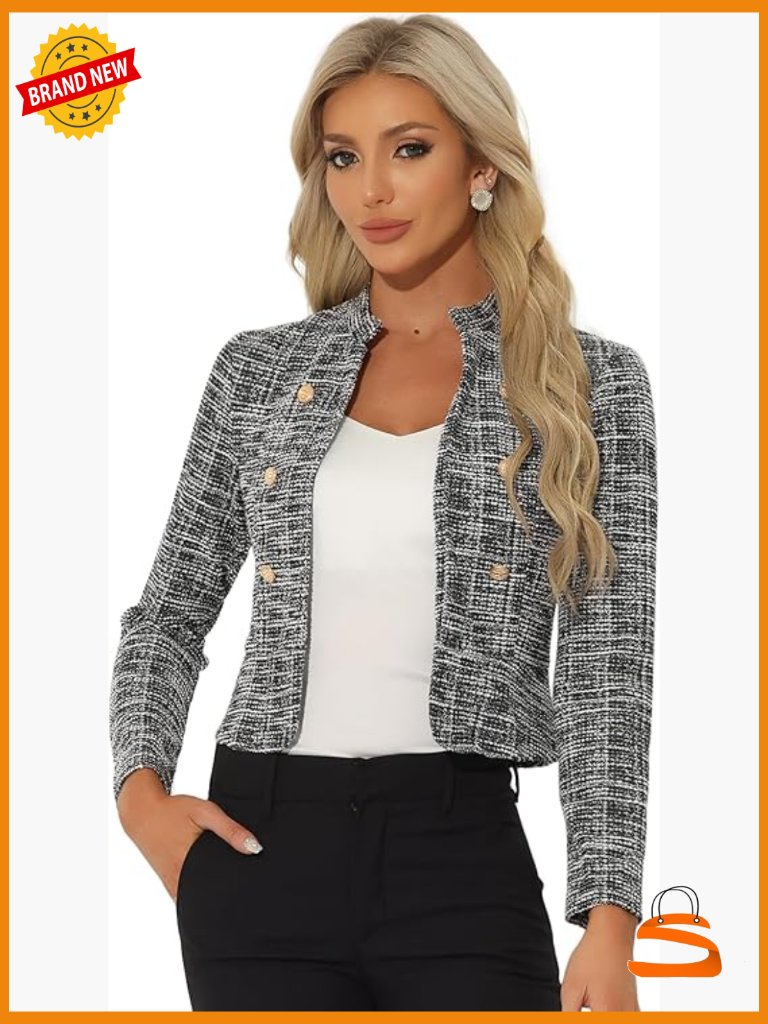 Vintage Tweed Stand Collar Cropped Blazer Jacket